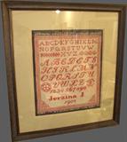 Dated 1902 Needlepoint sampler, professionally framed, made by Jerzina J, needlepoint size 15x17"
