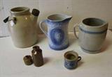 2 gallon C.1890's Batter jug ~ C/1890's one gallon Tavern Pitcher ~ C/1880 Blue stoneware milk pitcher w/cattle ~ 2-C/1860 Stoneware Ink bottles ~ etc