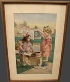 Dated 1908 color litho of little girls doing laundry, framed