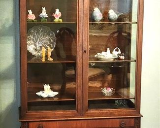 Antique walnut china display with lower drawer