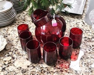 Vintage Anchor Hocking red pitcher and glasses