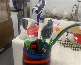 Art Glass Vase With Blown Glass Flowers