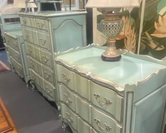John Widdicomb  Distressed Aqua Factory Painted Bedroom Set