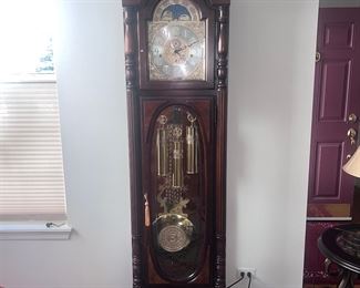 Howard Miller-  Robinson 79th anniversary  edition Grandfather clock

Triple-Chime: The clock plays the choice of Westminster, St. Michael, or Whittington 1/4, 1/2, and 3/4 chimes accordingly with full chime and strikes on the hour. All chime off lever and automatic nighttime chime shut-off lever turns off the chime between 10:00 PM and 7:00 AM when selected.

Size: Height: 86.25" (219 cm); Width: 23" (58 cm); Depth: 13.5" (34 cm); Weight: 133 lbs (60 kg).

$3500 obo