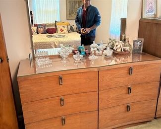 Bdrm1: 60s modern dresser with fitted glass top and mirror