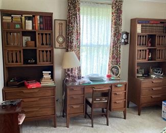 Bdrm2: Minimal 60s modern bedroom set with desk & bookshelves - headboard in next shot