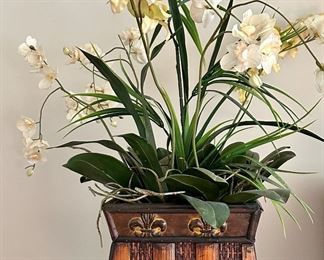 Faux Orchids in Fleur de Lis Planter