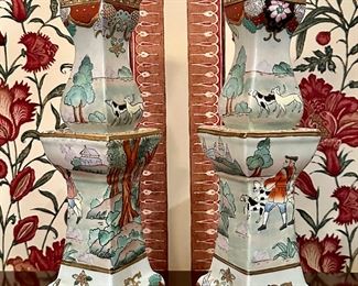 (2) Asian Enamel Porcelain Candlesticks with Hunting Scene