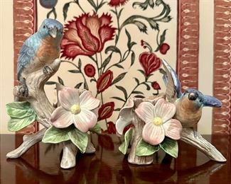 (2) Candlesticks with Blue Birds & Dogwood Flowers