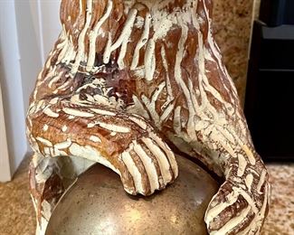 Vintage Sarreid Ltd. (Spain) Hand Carved Wood Bear with Brass Ball