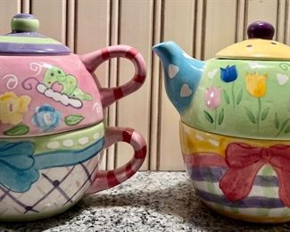 (2) Pottery Teapots with Cups