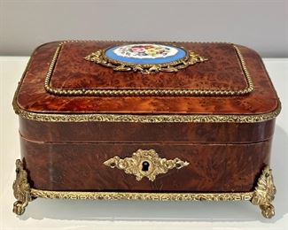 Antique Jewelry Box c. 1840, Thuya Wood with Sevres Style Hand Painted Plate