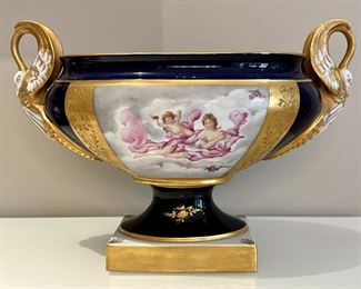Antique Centerpiece, Gilt and Hand Painted with Swan Handles - Exceptional!