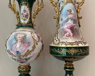 Amazing Antique Sevres Style Double Handled, Hand Painted and Signed Porcelain Vases