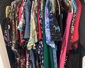 Nurses,  Nursing Assistants, Veterinary or other helpers: Womens colorful Scrubs Tops & Bottoms plus  some White dresses  - mostly size L with some mediums & XL - some new with tags NWT