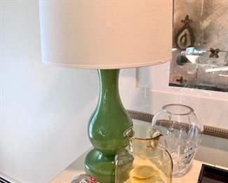 Blenko decanter and glass paperweights.