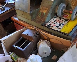 Jewelry cutter and grinder with box of related supplies. 