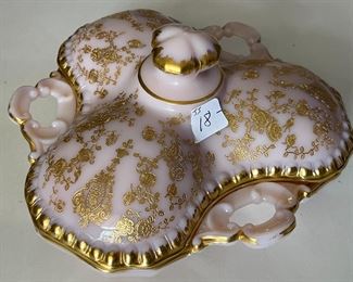 Vintage Cambridge Crown Tuscan Rose Point Pink with Gold Leaf Divide Candy Dish
