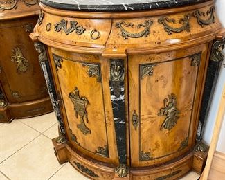 Birds Eye Maple, Marble Top French Empire Demi Lune Commode with attached Ormolu