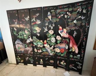 Vintage Double-Sided, Painted Black Lacquer Coromandel 6-Panel Screen, Depicting Birds, 7'h x 97"w