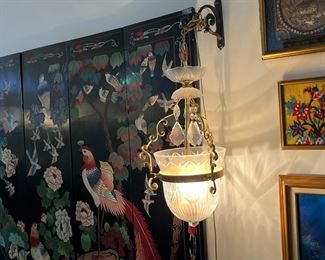 2-Hanging Light Gold Frame Holding Crystal Globe with Crystal Above, 24"h