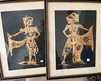 2-Vintage Framed Asian Rice Straw Marquetry

