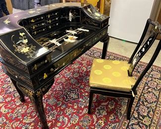 Harpsichord Style Oriental Black Lacquer Desk, Landscape Design
