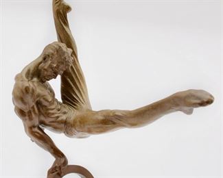 “THE GYMNAST”  ORIGINAL PATINATED BRONZE SCULPTURE BY Richard MacDonald (American, 1946 -) SIGNED AND DATED 1995, ON THE HOOP. IT MEASURES  20 1/2" HIGH × 15" WIDE OVERALL. VERY GOOD CONDITION. CERTIFICATE OF AUTHENTICITY. PROVENANCE, CARMEL GALLERY. 
NOTE: 
Created for the 1996 Atlanta Olympics, "Flair Across America - The Gymnast" by sculptor Richard MacDonald is a celebration of the triumph of the human spirit - the dedication, tenacity and determination of every individual in the pursuit of excellence. Flair Across America is a 26-foot high heroic bronze monument that resides permanently at Georgia International Plaza in Atlanta, Georgia.
ABOUT RICHARD MACDONALD One of the most notable figurative bronze sculptors at work today, Richard MacDonald is known internationally for his achievements in sculpture, painting, and drawing.
Represented in private and public collections in London, Singapore, Barcelona, Paris, Hong Kong, and in the Corcoran Gallery in Washington D.C., Richard Mac
