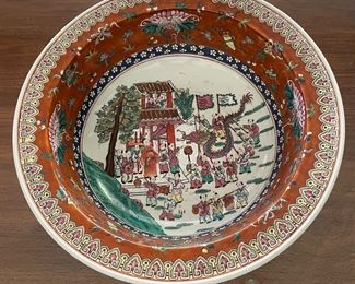 LARGE FAMILLE ROSE BASIN, TONG ZHI NIAN ZHI MARK AND OF THE PERIOD 1862-1874 DEPICTING A BOYS PROCESSION, 16 1/4” IN DIAMETER