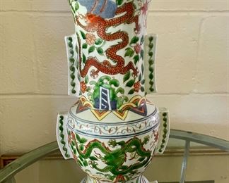 A Precious Wucai 'Scrolling Lotus & Dragon' Gu-form vase, Chinese Ming Dynasty. Wanli Six-Character Mark  late Qing period 
