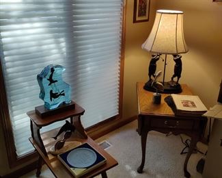 vintage tables, golf lamp, glass art