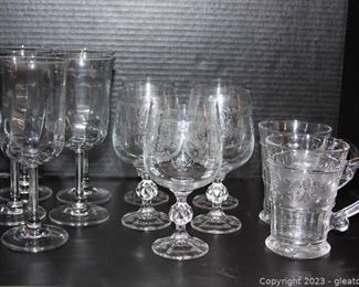 Beautiful Vintage Crystal Wine Goblets and Two Cut Glass Mugs