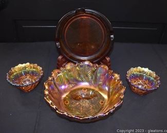 Indian Wild Rose Amber Carnival Glass Bowl and Taper Candle Holders Amber Cigar Ash Tray