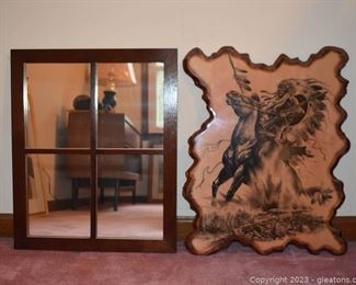 Native American Indian Warrior Print on Wood By Bill Oheir Signed and Wall Mirror