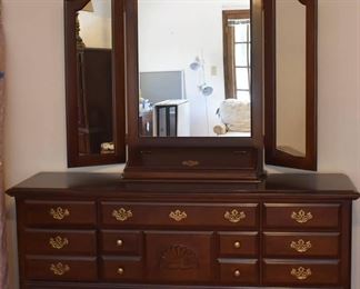 Triple Dresser with Trifold Mirror and Vanity Box
