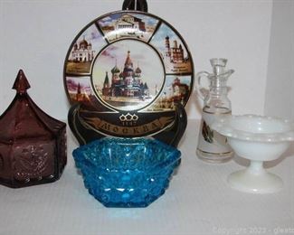 Vintage Blue Fenton Button and Daisy Hexagon Bowl Vintage Glass American Eagle Dish with Lid and More