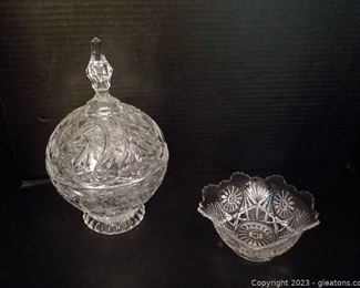 Vintage Pressed Glass Lidded Candy Dish with Scalloped Nut Bowl