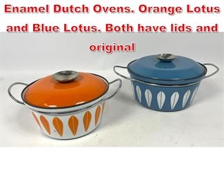 Lot 27 2pc CATHRINEHOLM Lotus Enamel Dutch Ovens. Orange Lotus and Blue Lotus. Both have lids and original 