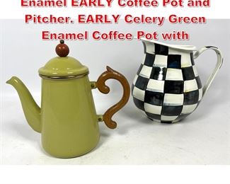 Lot 32 2pc MacKENZIE CHILDS Enamel EARLY Coffee Pot and Pitcher. EARLY Celery Green Enamel Coffee Pot with 