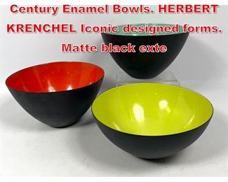 Lot 33 3pc KRENIT Norway Mid Century Enamel Bowls. HERBERT KRENCHEL Iconic designed forms. Matte black exte