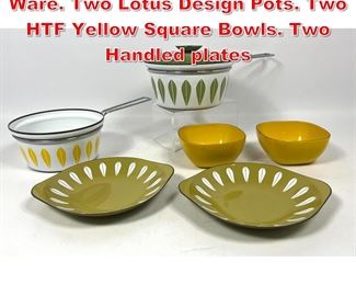 Lot 31 6pc CATHRINEHOLM Enamel Ware. Two Lotus Design Pots. Two HTF Yellow Square Bowls. Two Handled plates
