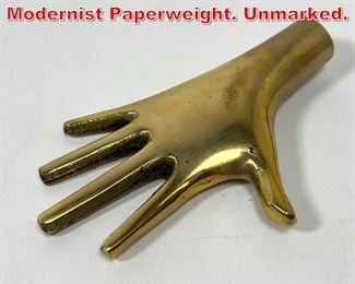 Lot 55 CARL AUBOCK Brass Hand Modernist Paperweight. Unmarked. 