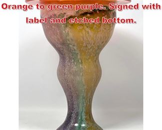 Lot 59 Kosta Boda art glass vase. Orange to green purple. Signed with label and etched bottom. 