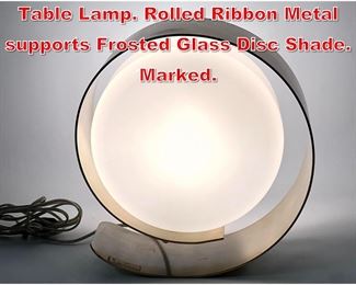 Lot 67 PIERRE CARDIN Modernist Table Lamp. Rolled Ribbon Metal supports Frosted Glass Disc Shade. Marked.