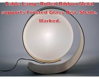 Lot 69 PIERRE CARDIN Modernist Table Lamp. Rolled Ribbon Metal supports Frosted Glass Disc Shade. Marked.