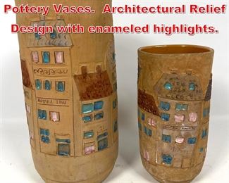 Lot 81 2pc RAYMOR Italy Italian Pottery Vases. Architectural Relief Design with enameled highlights.