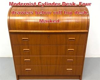 Lot 104 SMI Sweden Teak Modernist Cylinder Desk. Four drawers below roll top desk. Marked. 