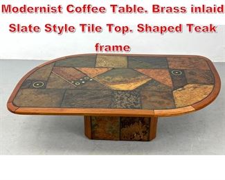 Lot 112 Danish Modern Decorator Modernist Coffee Table. Brass inlaid Slate Style Tile Top. Shaped Teak frame