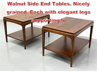 Lot 118 Pr LANE American Modern Walnut Side End Tables. Nicely grained. Each with elegant legs supporting lo