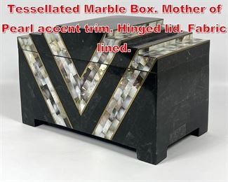 Lot 137 CASABIQUE Philippines Tessellated Marble Box. Mother of Pearl accent trim. Hinged lid. Fabric lined.